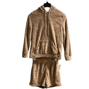 RedFinch Pajama Set Womens S Brown Fleece Faux Fur Shorts Hoodie Loungewear Soft